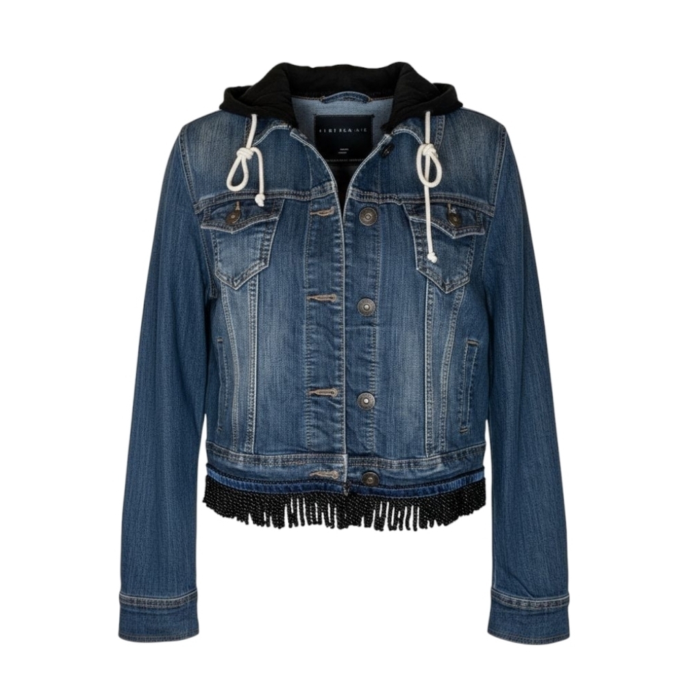 Maurices Hooded Jean Jacket Distressed Denim Punk Boho Fringe Grunge Core